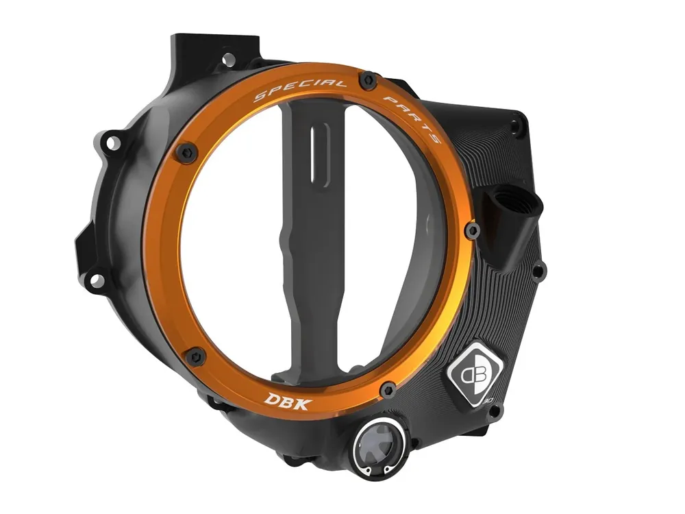 DBK Special Parts CCDV14 - KTM BLACK-ORANGE KLARER KUPPLUNGSDECKEL 3D-EVO passend für KTM 990 Duke - Modelle (2024) Preisreduziert